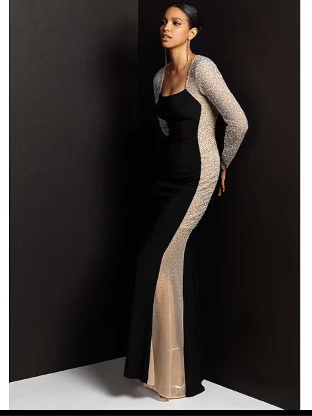 Xscape
Caviar Beaded Mesh Panel Long Sleeve Sheath Gown